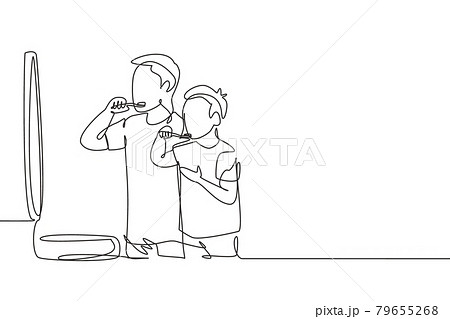 Single one line drawing smiling father and son holding toothbrushes and looking at mirror in bathroom. Habits for health of mouth and teeth. Continuous line draw design graphic vector illustration 79655268