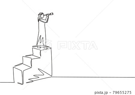 Continuous one line drawing vision concept in business of Arabic businessman and telescope, monocular. Symbol leadership, strategy, mission, objectives. Single line design vector graphic illustration Continuous one line drawing vision concept in business of Arabic businessman and telescope, monocular. Symbol leadership, strategy, mission, objectives. Single line design vector graphic illustration 79655275