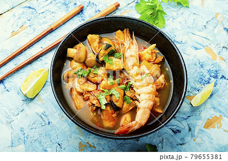 Tom yum soup with seafood and coconut milk Tom yum soup with seafood and coconut milk 79655381