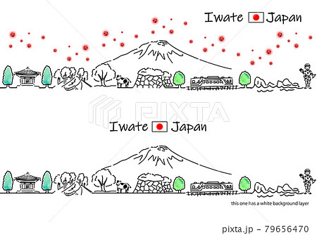 岩手の街並みと新型コロナウイルスの線画セット 79656470