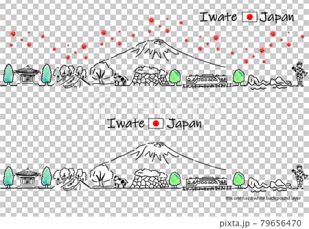 岩手の街並みと新型コロナウイルスの線画セット 79656470