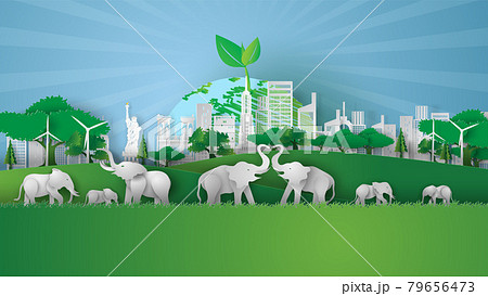 Animal wildlife in green park landmarks Cityscape. Creative Paper cut and craft style. Elephants in forest.Graphic Eco environment day concept for poster.vector illustration. earth day concept on sky Animal wildlife in green park landmarks Cityscape. Creative Paper cut and craft style. Elephants in forest.Graphic Eco environment day concept for poster.vector illustration. earth day concept on sky 79656473