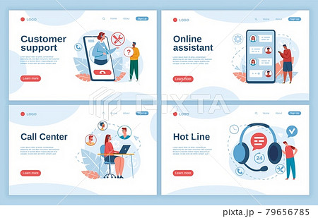 Customer support. Call center operators consulting clients. Online technical support, hotline, virtual personal consultant vector landing page Customer support. Call center operators consulting clients. Online technical support, hotline, virtual personal consultant vector landing page 79656785
