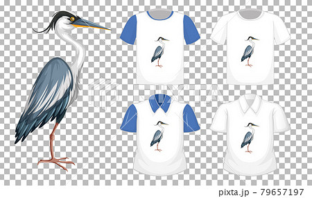Set of different shirts with great blue heron cartoon character isolated on transparent background 79657197