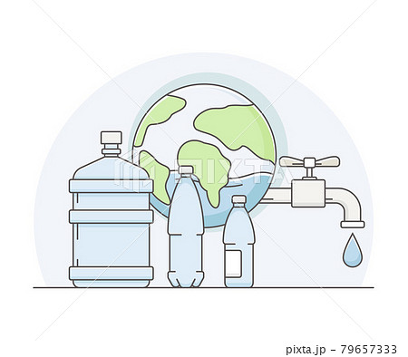 World Resource with Water in Plastic Bottle Line Vector Illustration 79657333