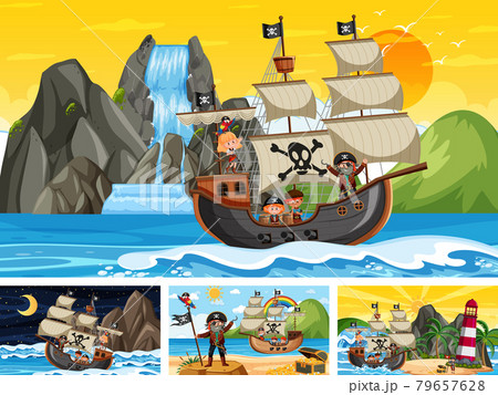 Set of different beach scenes with pirate ship 79657628