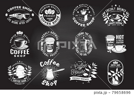 Set of Coffe shop logo, badge template on the chalkboard. Vector. Typography design with coffee grinder and coffee maker silhouette. Template for menu for restaurant, cafe, bar, packaging Set of Coffe shop logo, badge template on the chalkboard. Vector. Typography design with coffee grinder and coffee maker silhouette. Template for menu for restaurant, cafe, bar, packaging 79658696