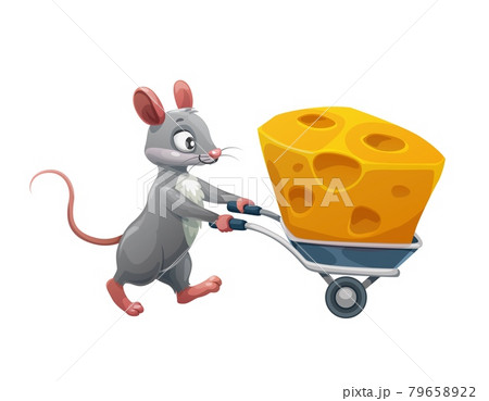 Cartoon mouse and cheese in wheelbarrow, character 79658922