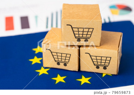 Box with shopping cart logo and EU flag, Import Export Shopping online or eCommerce finance delivery service store product shipping, trade, supplier concept. 79659873