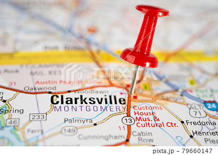 Bangkok, Thailand, June 1, 2020 Clarksville,  Montgomery County, Tennessee, road map with red pushpin, city in the United States of America USA. 79660147