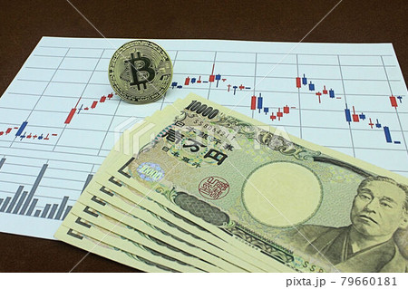 【仮想通貨・ビットコイン・投資などに関する記事のサムネイルに】ビットコインと一万円札 79660181