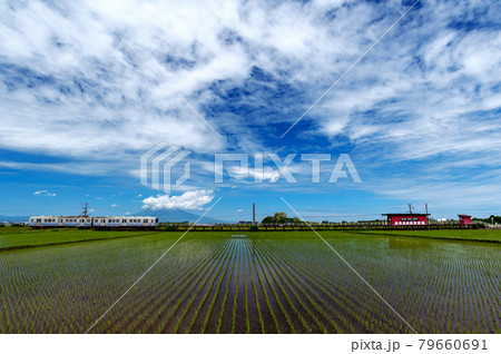 【青森県津軽平野】残雪の津軽富士岩木山を眺めながら津軽平野を走る田んぼ鉄道(弘南鉄道) 【青森県津軽平野】残雪の津軽富士岩木山を眺めながら津軽平野を走る田んぼ鉄道(弘南鉄道) 79660691