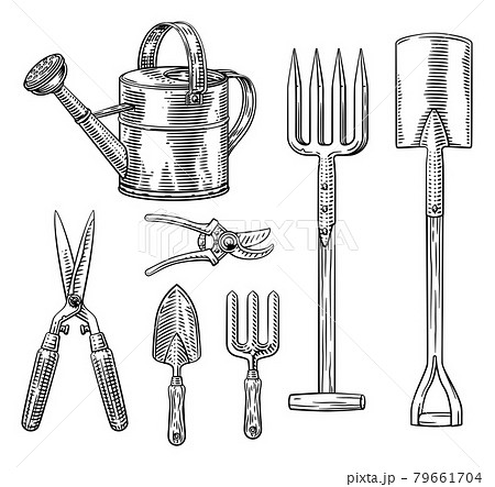 Garden Gardening Tools Set Woodcut Vintage Style 79661704