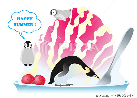 ペンギンといちごのかき氷ポストカード白背景のイラスト素材