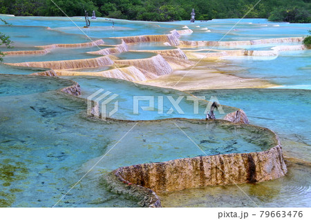 中国四川省アバ・チベット族チャン族自治州松潘県　世界自然遺産黄龍風景区の五彩池の鮮やかな青い水 79663476