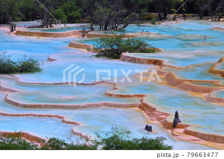 中国四川省アバ・チベット族チャン族自治州松潘県 世界自然遺産黄龍風景区の五彩池の鮮やかな青い水 中国四川省アバ・チベット族チャン族自治州松潘県 世界自然遺産黄龍風景区の五彩池の鮮やかな青い水 79663477