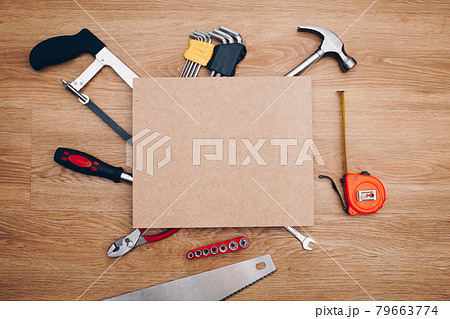 Working tools on wooden background. top view 79663774