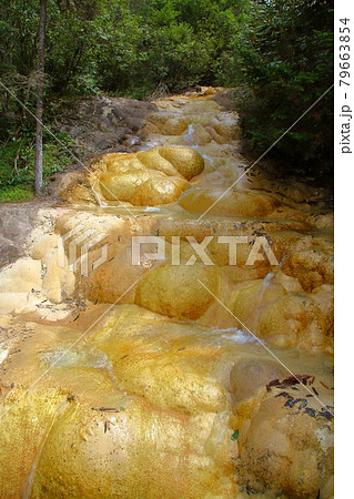 中国四川省アバ・チベット族チャン族自治州松潘県　世界自然遺産黄龍風景区の奇岩と水の流れ 79663854