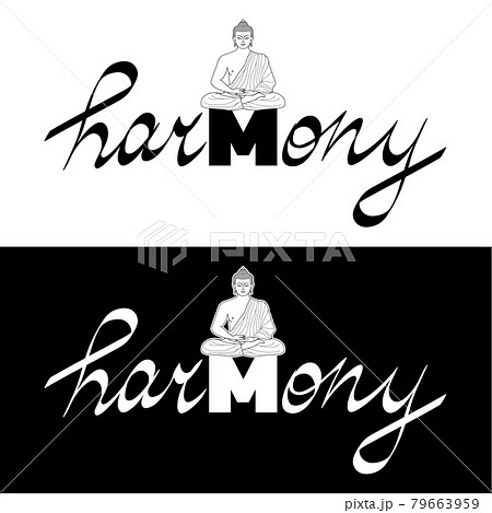 Harmony t shirt print with Buddha and hand drawn lettering set 79663959