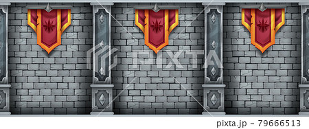 Ancient stone wall seamless background, cracked brick castle interior illustration, marble pillars 79666513
