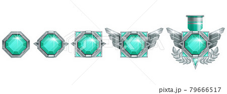 Game winner badge vector icon, rank level medal, silver award, abstract wing, green crystal gemstone Game winner badge vector icon, rank level medal, silver award, abstract wing, green crystal gemstone 79666517