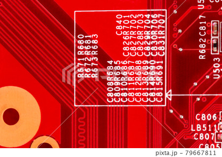 Electronic Printed Circuit Board in red with Electronic components- top view Electronic Printed Circuit Board in red with Electronic components- top view 79667811
