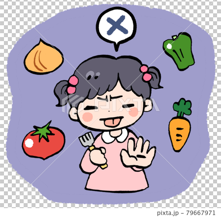 Illustration of a girl who likes and dislikes vegetables 79667971