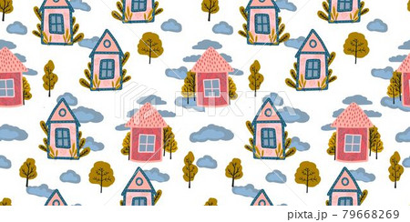 Cute baby pattern for toddlers. Fabulous pink houses on a white background. Hand-drawn style. Simple pattern for textiles and fabrics 79668269
