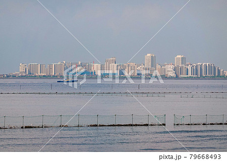 三番瀬（船橋市）と浦安方面のアパート・団地・マンション・住宅群の間を行き交う船 79668493