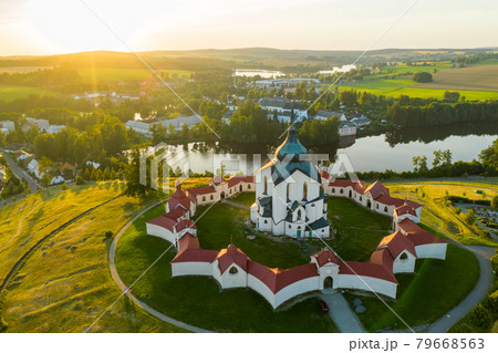 Aerial view of Pilgrimage Church of Saint John of Nepomuk on the Green Hill at sunset. 79668563
