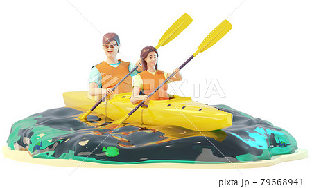 Happy young couple riding kayak on sea 79668941