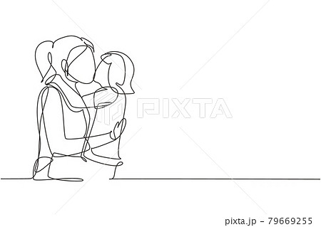 Single continuous line drawing sweet little girl is hugging and kissing her beautiful mom in cheek while sitting on bed at home. Mothers day. Dynamic one line draw graphic design vector illustration Single continuous line drawing sweet little girl is hugging and kissing her beautiful mom in cheek while sitting on bed at home. Mothers day. Dynamic one line draw graphic design vector illustration 79669255
