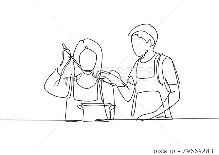 Single continuous line drawing handsome husband holding pan lid and his beautiful wife tasting food using cooking spoon. Cooking together in kitchen. One line draw graphic design vector illustration Single continuous line drawing handsome husband holding pan lid and his beautiful wife tasting food using cooking spoon. Cooking together in kitchen. One line draw graphic design vector illustration 79669283
