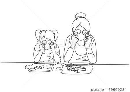 Continuous one line drawing cute little girl and her beautiful mom are holding slices of cucumber and smiling while cooking in kitchen at home. Single line draw design vector graphic illustration 79669284