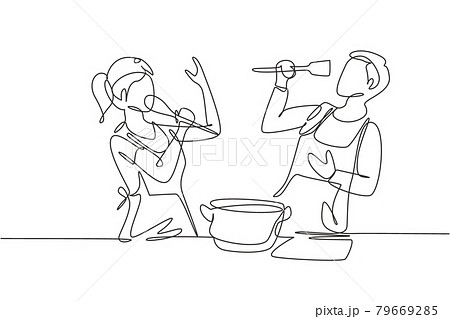 Continuous one line drawing happy romantic couple singing while cooking together, using spatula and broccoli as microphones. Kitchen fun concept. Single line draw design vector graphic illustration 79669285