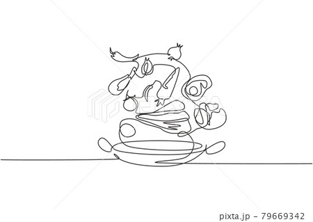 Single continuous line drawing pot is sprinkled with food ingredients such as vegetables, meat, onions, carrots, salt, pepper, and other spices. One line draw graphic design vector illustration 79669342