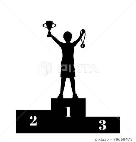 Silhouette boy winner of competition with cup and medal on the pedestal. Victory celebration. 79669475