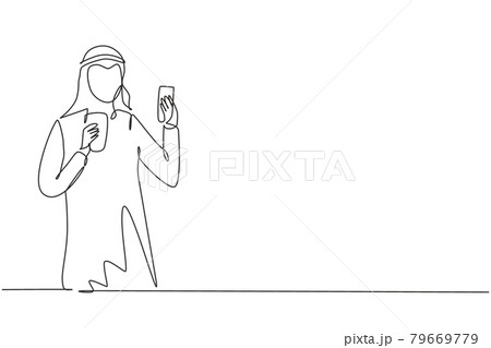 Single one line drawing smiling Arabian man looking at mobile phone and holding glass of orange juice while having breakfast at home. Modern continuous line draw design graphic vector illustration 79669779