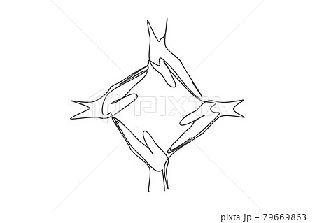 Continuous one line drawing four palm hands make square frame shape. Symbol of care, unity, sharing, trust. Communication with hand gestures. Single line draw design vector graphic illustration 79669863
