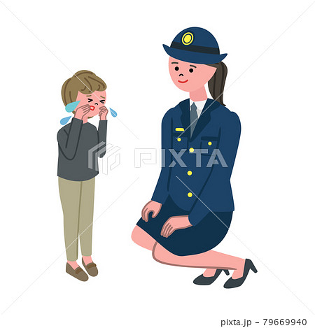 迷子の子供と女性警官のイラストのイラスト素材