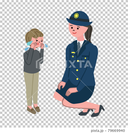 迷子の子供と女性警官のイラストのイラスト素材