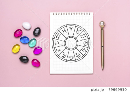 Horoscope circle with twelve signs of zodiac on paper, divination dice, colorful stone on pink background Fortune telling and astrology predictions Top view Flat lay Horoscope circle with twelve signs of zodiac on paper, divination dice, colorful stone on pink background Fortune telling and astrology predictions Top view Flat lay 79669950