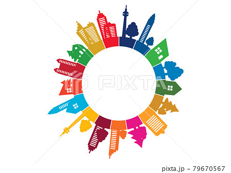 SDGs-持続可能な開発目標の街並みと地球シルエットイメージマーク 79670567