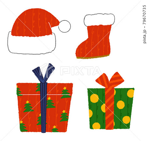 サンタクロースの帽子とブーツ プレゼントのクリスマスモチーフのイラストのイラスト素材