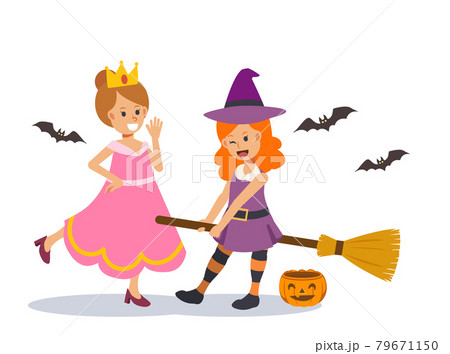 Cute Young 2 girls in witch/ magician princess costume are playing each other in Halloween festive.Flat character Vector illustration. Cute Young 2 girls in witch/ magician princess costume are playing each other in Halloween festive.Flat character Vector illustration. 79671150