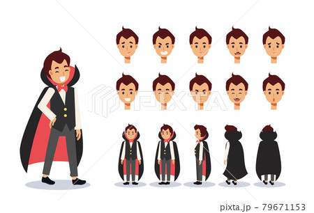 Little Boy in count dracula Vampire costume for Halloween festival.trick or treat. Front, side, back view animated character.Vector Character creation set, Cartoon style, flat vector illustration. 79671153