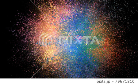 3D rendering of colorful explosion of colored particles on black background 79671810