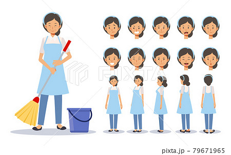 Vector illustration set of old lady is a housekeeper,cleaner in various action. emotion expression. Front, side, back view animated character. 79671965
