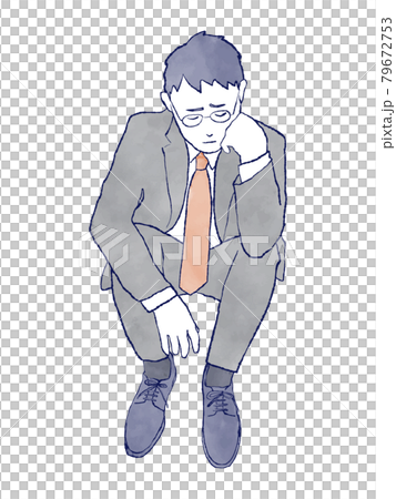 頬杖をつくビジネスマンの手描きイラスト　男性　考える　悩む　反省　メガネ　スーツ　水彩 79672753