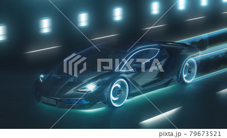3d render Sports cyber neon car rushes on the night road with neon lights 79673521
